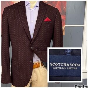 Scotch & Soda Burgundy Blazer Mens Sz XL (44R) Slim Fit Polyester Blend Stretch